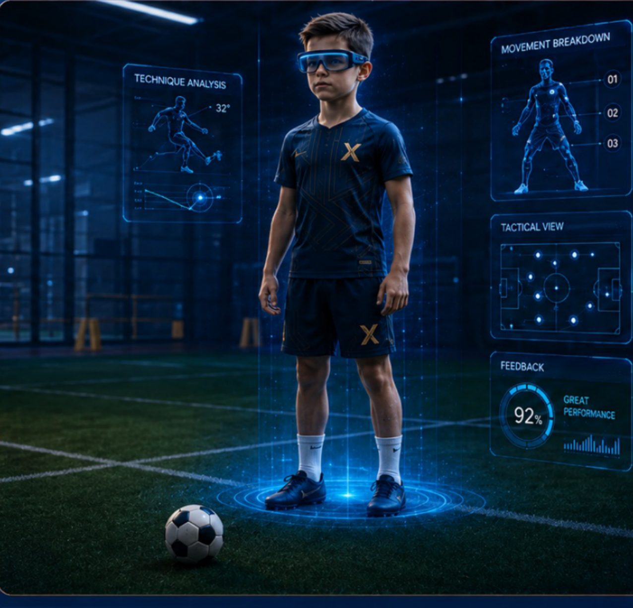 A young player wearing AR glasses training with LEGENDX feedback panels