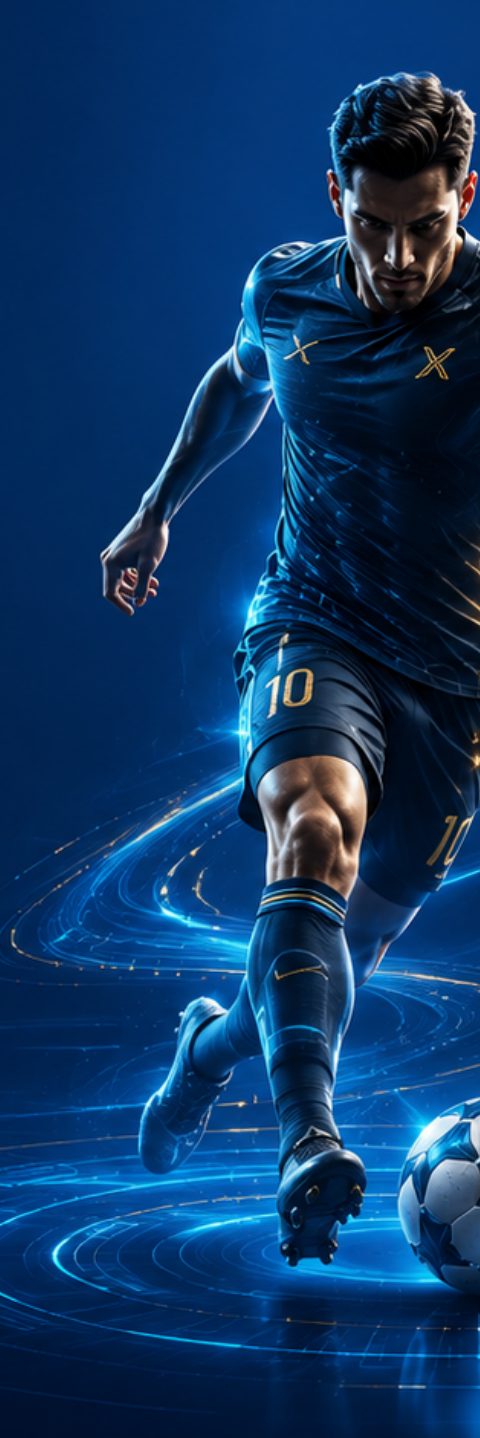 LEGENDX — the AI-created football athlete dribbling a ball